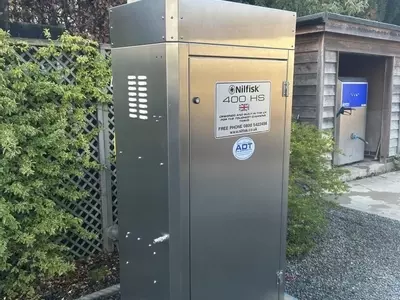 Nilfisk 400HS DTE stainless static pressure washer prepared and tested before delivery to site. Fully built and ready for installation.